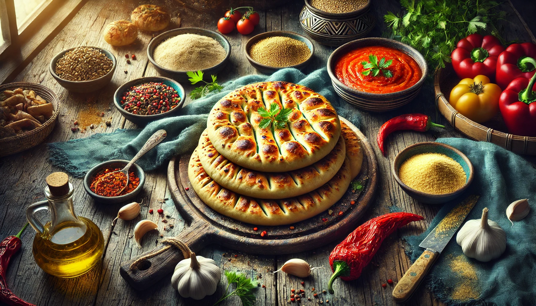 Algerian Bouzgene Berber Bread With Roasted Pepper Sauce