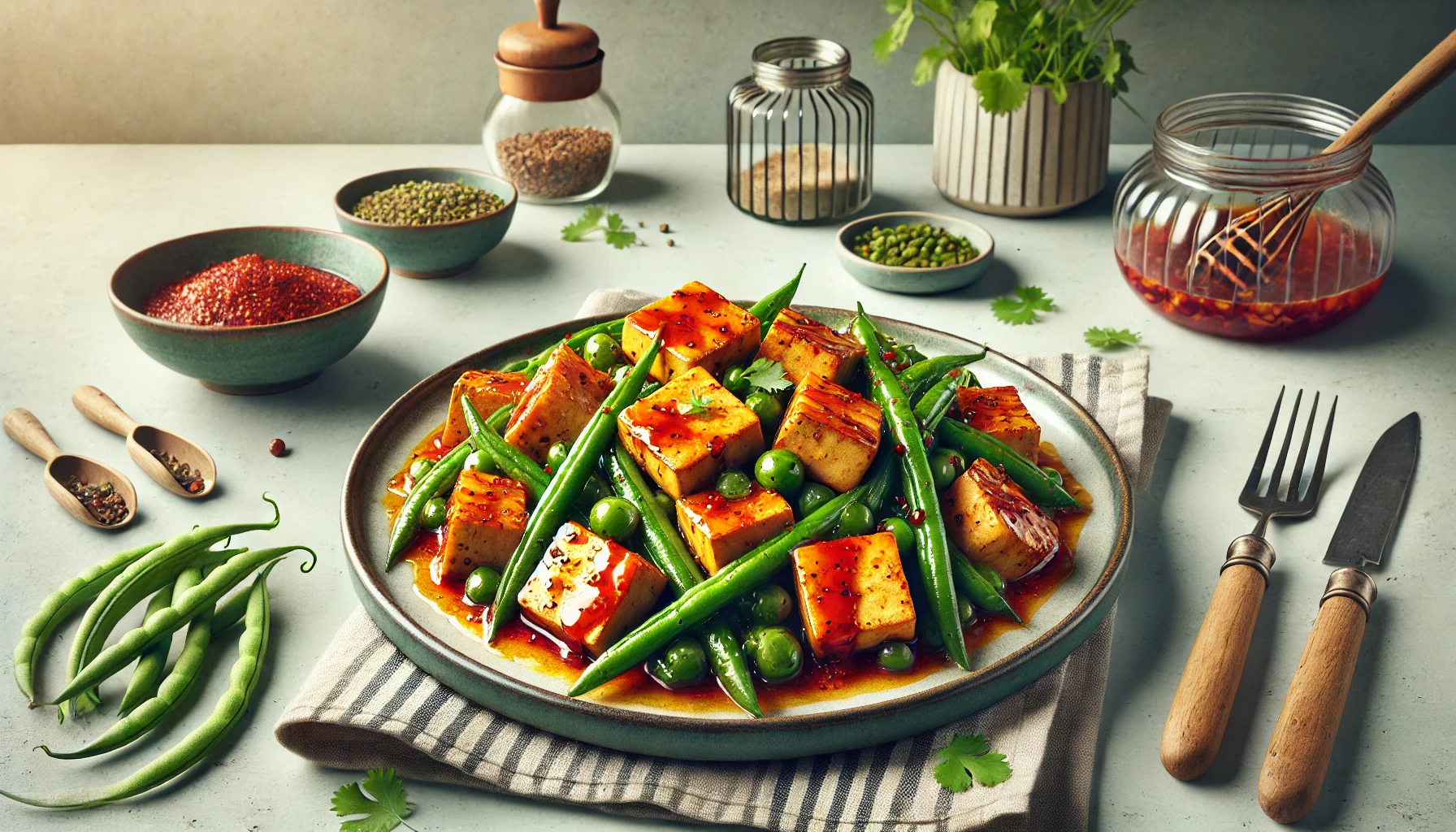 Baked Tofu and Green Beans with Spicy Rhubarb Sauce 1 Baked Tofu And Green Beans With Spicy Rhubarb Sauce Recipe