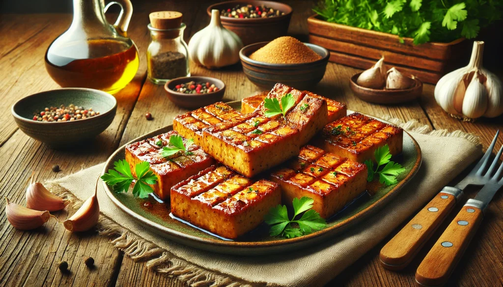 crispy baked tofu steaks with sesame glaze and herbs