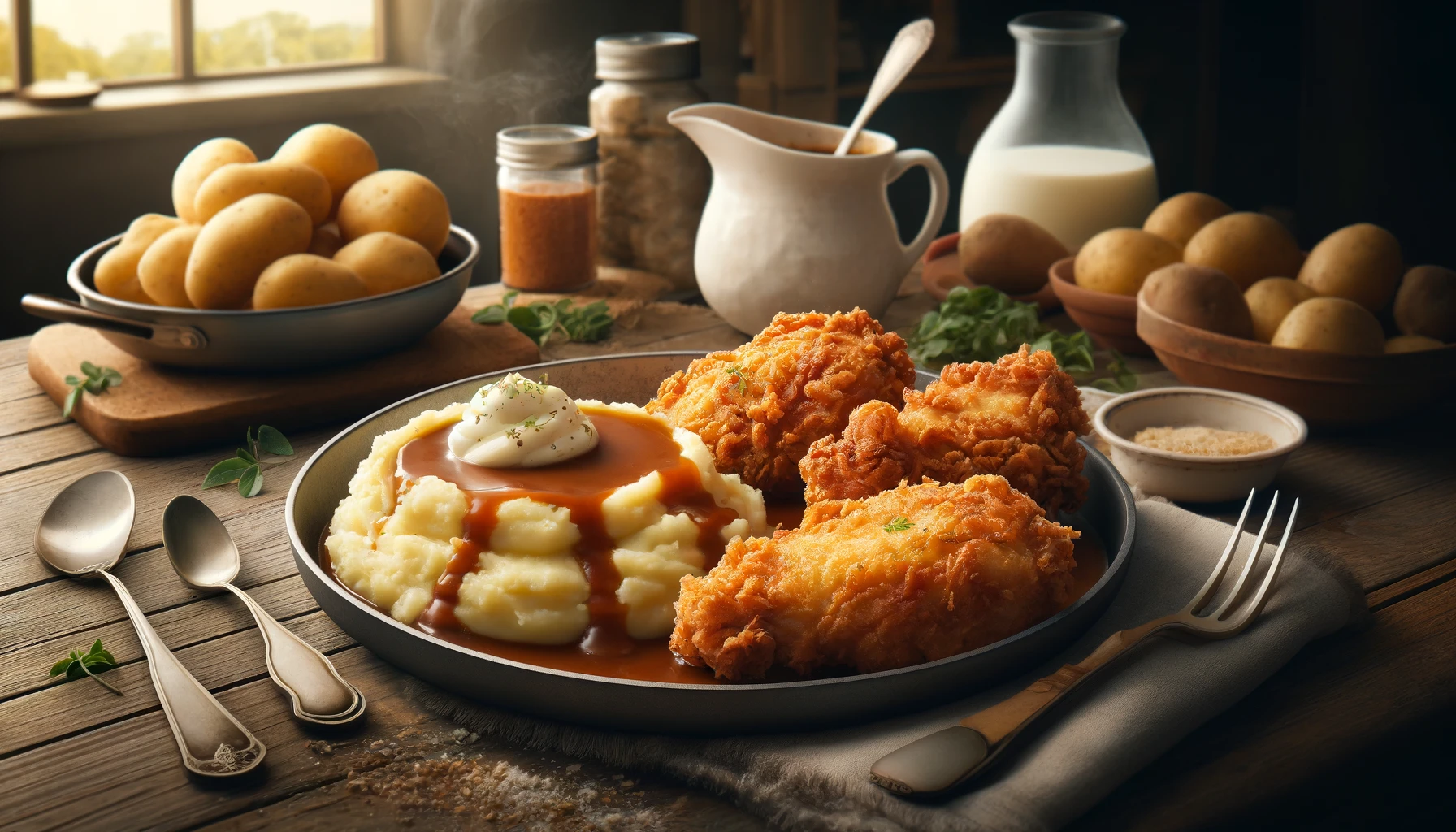 Crispy Pan-Fried Chicken with Mashed Potatoes and Gravy recipe