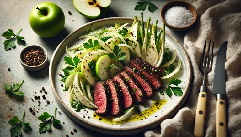 Gabes Coffee Crusted Hanger Steak With Apple Fennel And Herb Salad Recipe
