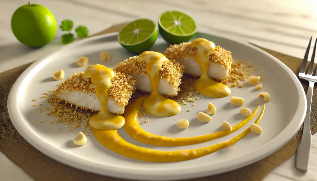 Macadamia Crusted Sea Bass With Mango Cream Sauce 1 Macadamia Crusted Sea Bass With Mango Cream Sauce