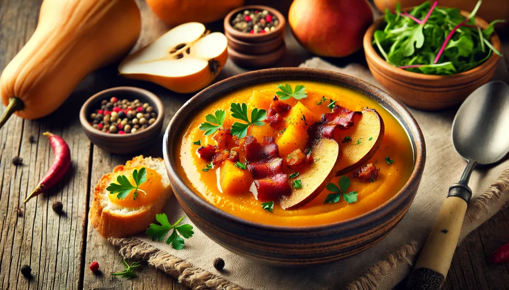 Spicy Roasted Butternut Squash Pear And Bacon Soup Recipe