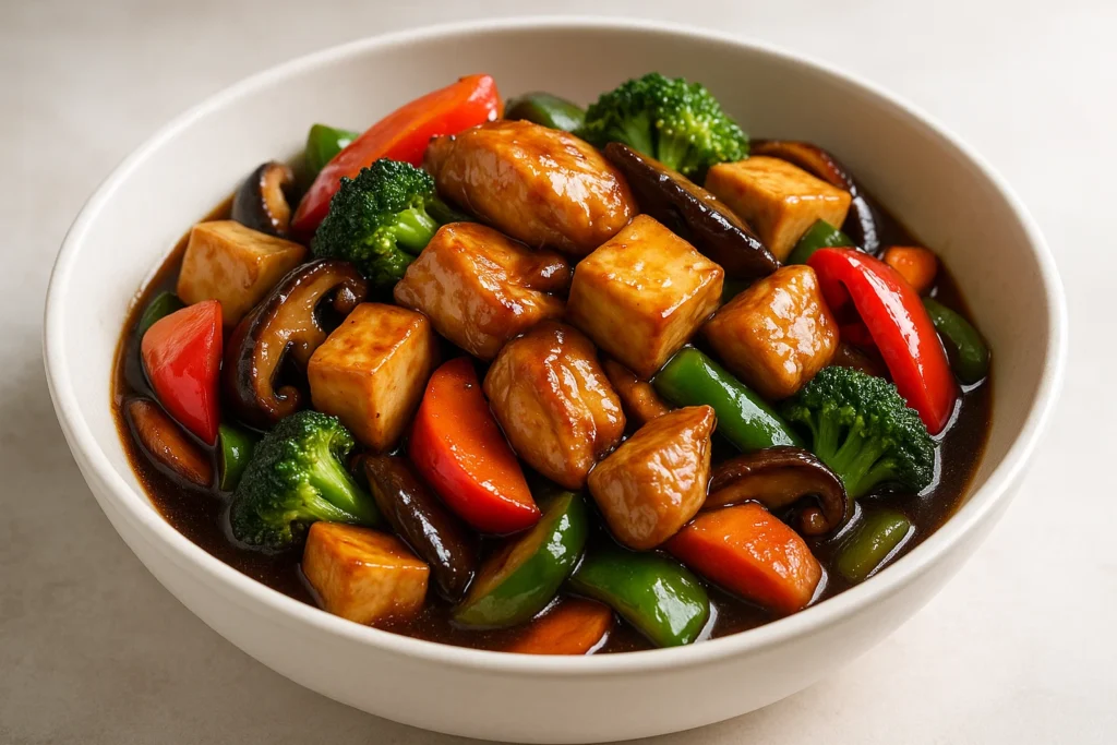 Stir-fried chicken with tofu and veggies served in a white bowl