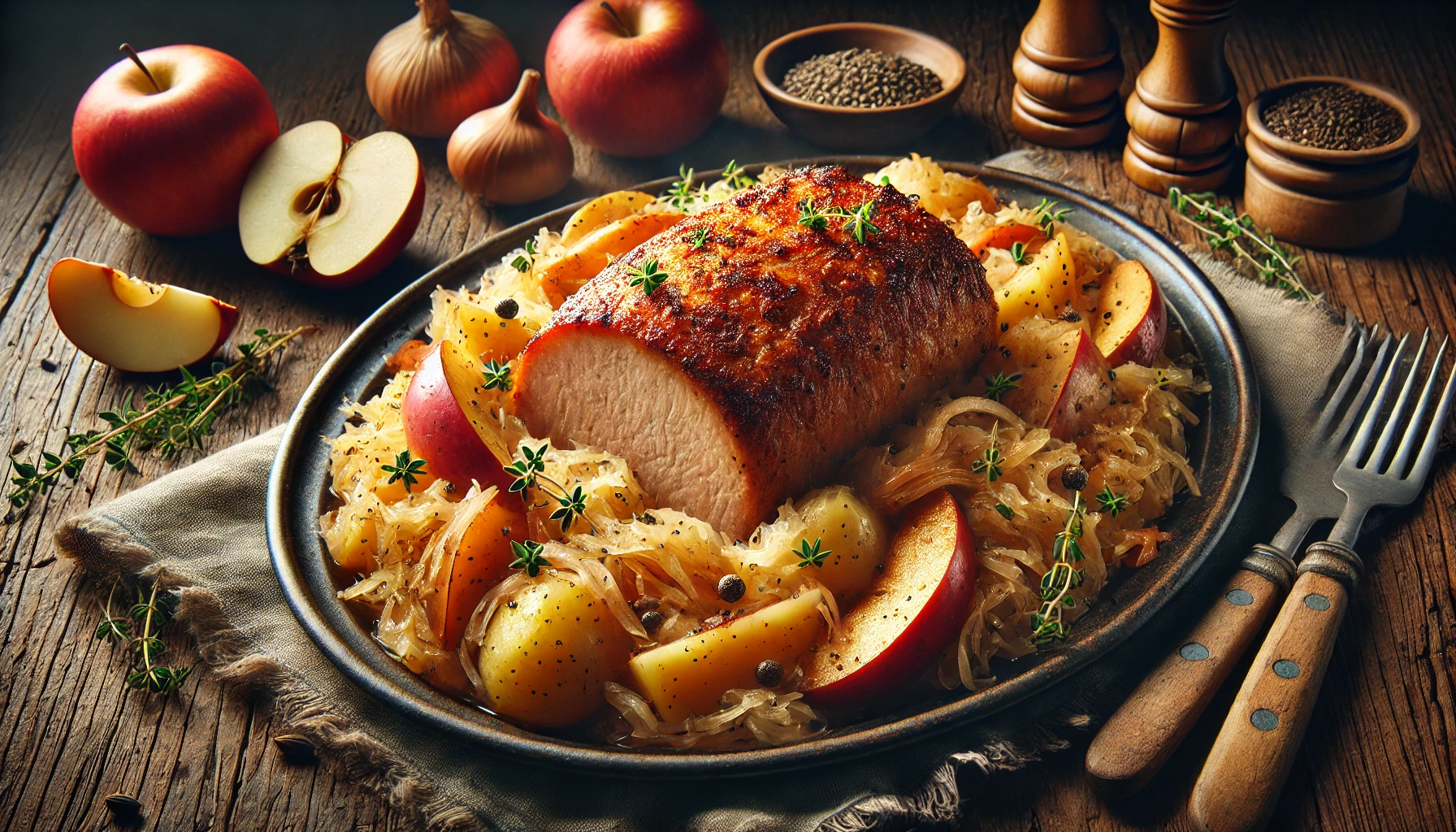 Verns Roasted Pork Loin Over Sauerkraut with Apples Potatoes