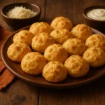 Fresh Asiago cheese puffs on wooden table with dip