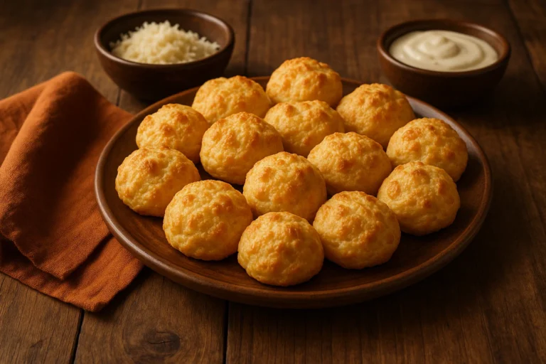 Fresh Asiago cheese puffs on wooden table with dip