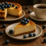Slice of cheesecake on rustic table with blueberries