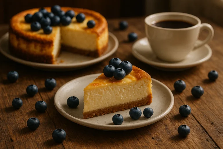 Slice of cheesecake on rustic table with blueberries