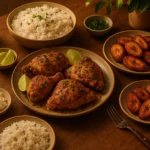 Serving Cuban baked chicken with rice and plantains