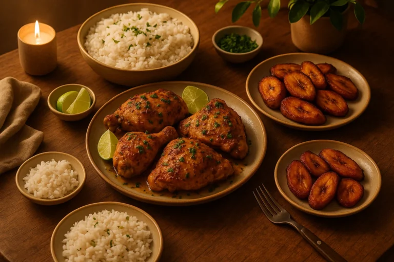 Serving Cuban baked chicken with rice and plantains