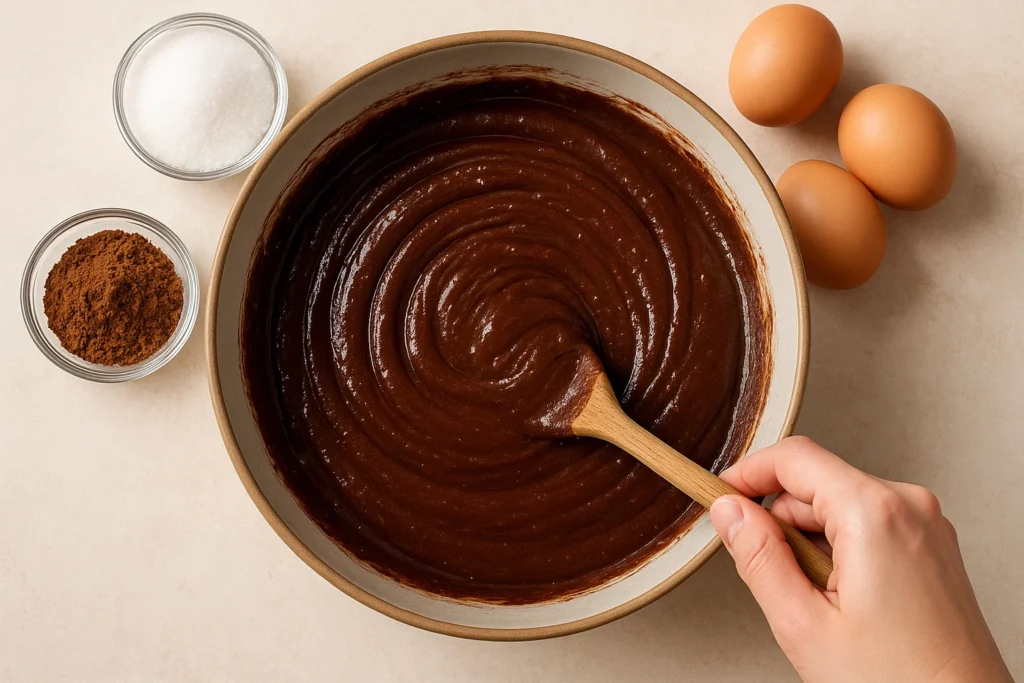 Chocolate fudge cake batter being mixed in a bowl