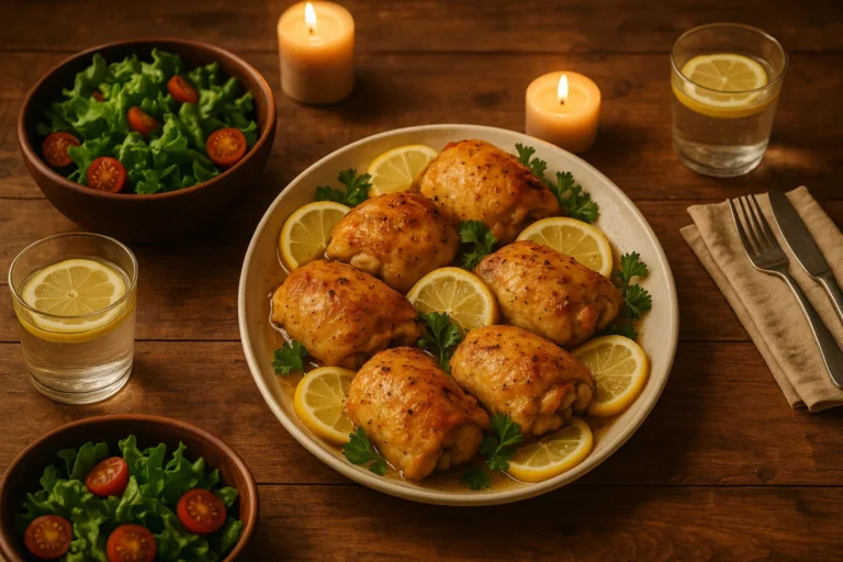 Cozy table with baked lemon chicken and sides