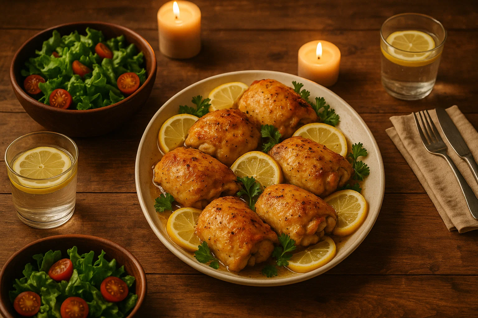 Cozy table with baked lemon chicken and sides