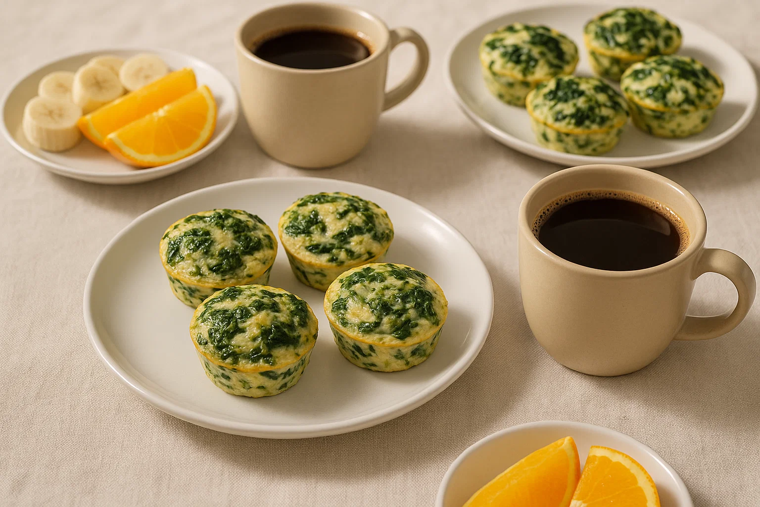 Baked Spinach and Egg White Muffins for a Light, Flavorful Start 1 Breakfast table setup with muffins and coffee