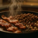 Beefed up baked beans and bacon with smoky glaze in a rustic dish