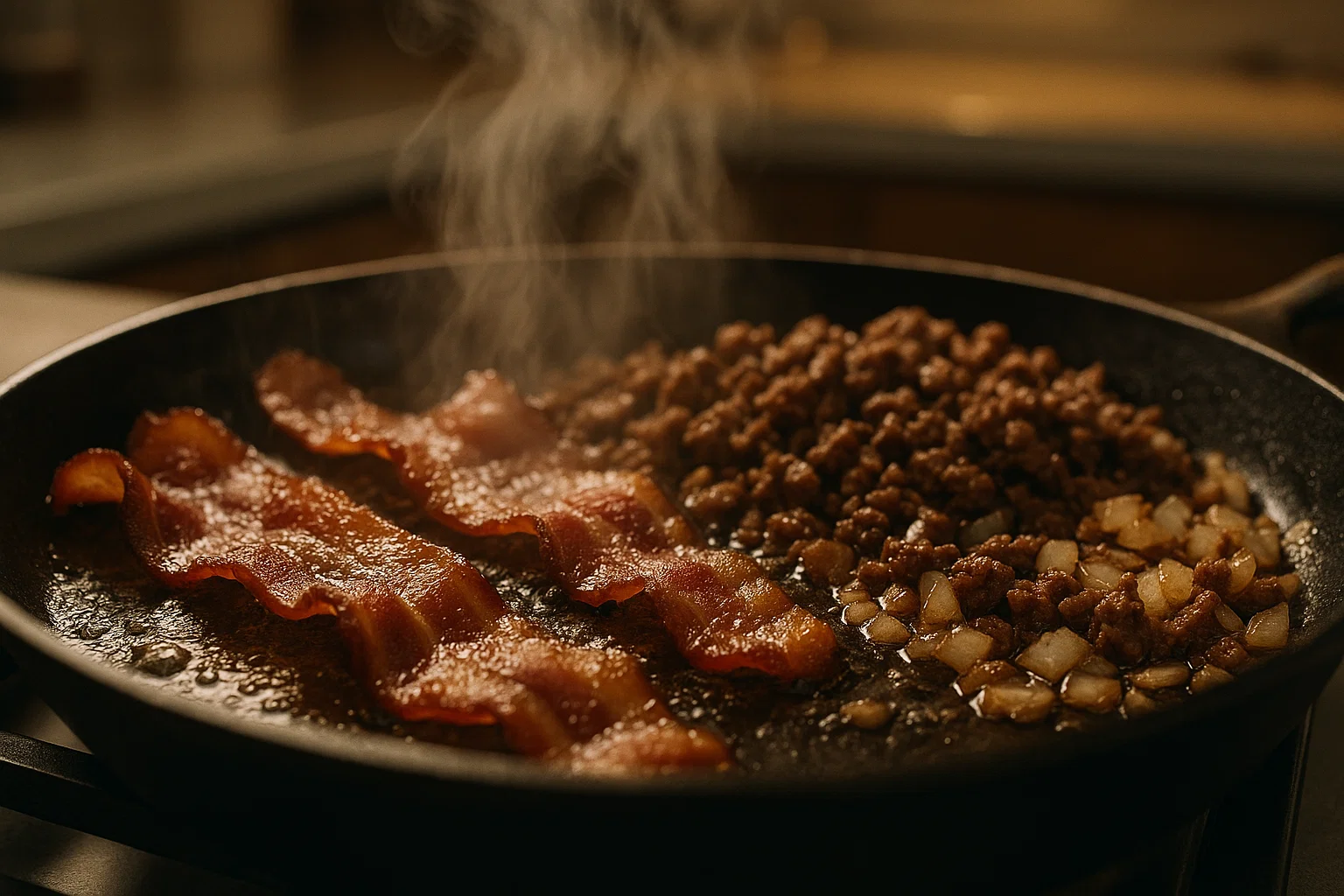 Beefed up baked beans and bacon with smoky glaze in a rustic dish