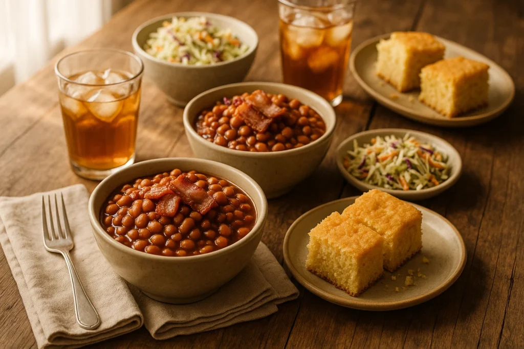 Bowl of beefed up baked beans and bacon served with cornbread
