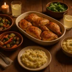 Family-style serving of baked chicken and sides