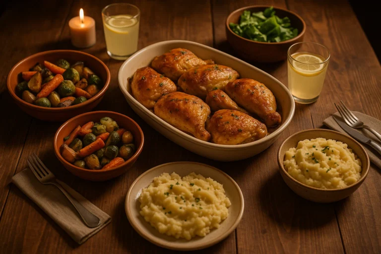 Family-style serving of baked chicken and sides