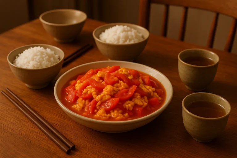 Bowl of stir-fried egg and tomato on a dining table