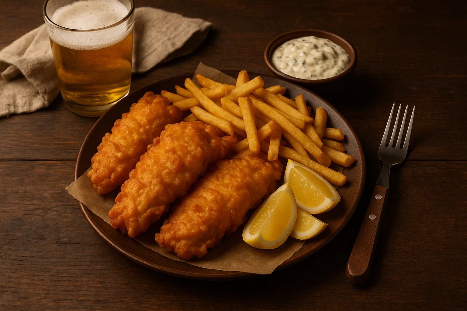 British fish and chips served with lemon and tartar sauce