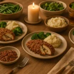 Crispy stuffed chicken served on a cozy dinner table