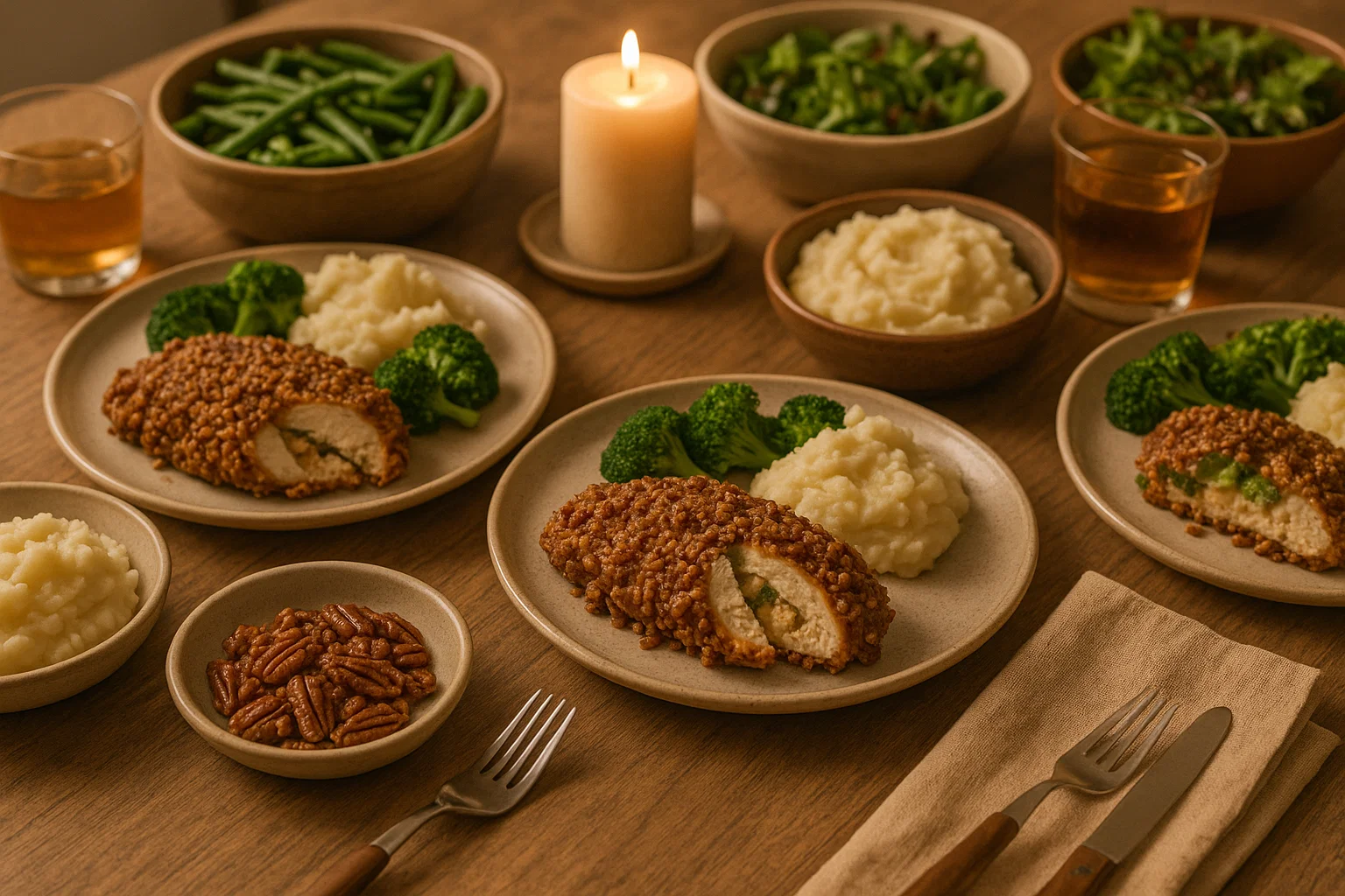 Crispy stuffed chicken served on a cozy dinner table