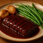 Plant-based hanger steak with roasted shallot port demi sauce