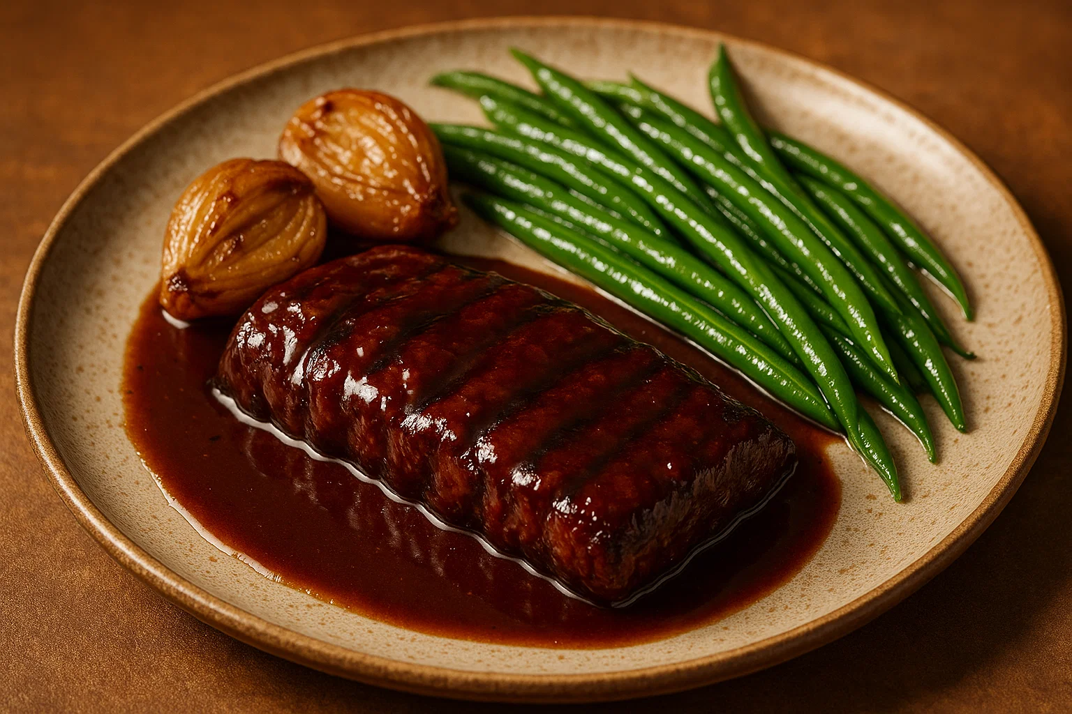 Grilled Hanger Steak with Shallot Port Demi & Greens 1 Plant-based hanger steak with roasted shallot port demi sauce