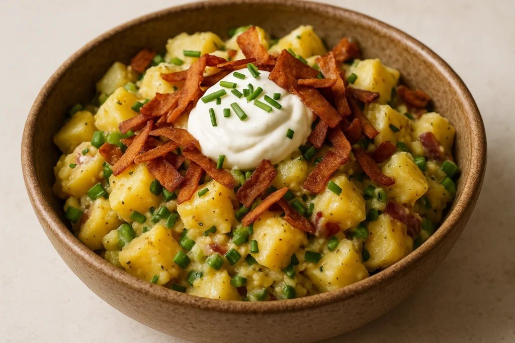 Vegan loaded baked potato salad topped with chives and creamy dressing
