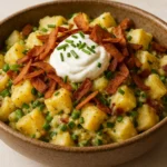 Vegan loaded baked potato salad topped with chives and creamy dressing