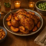 Moroccan-style roasted chicken served on dinner table