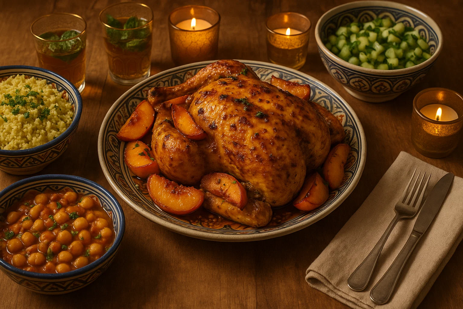 Moroccan-style roasted chicken served on dinner table