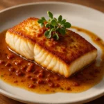 Golden pan roasted halibut topped with Serrano ham butter sauce