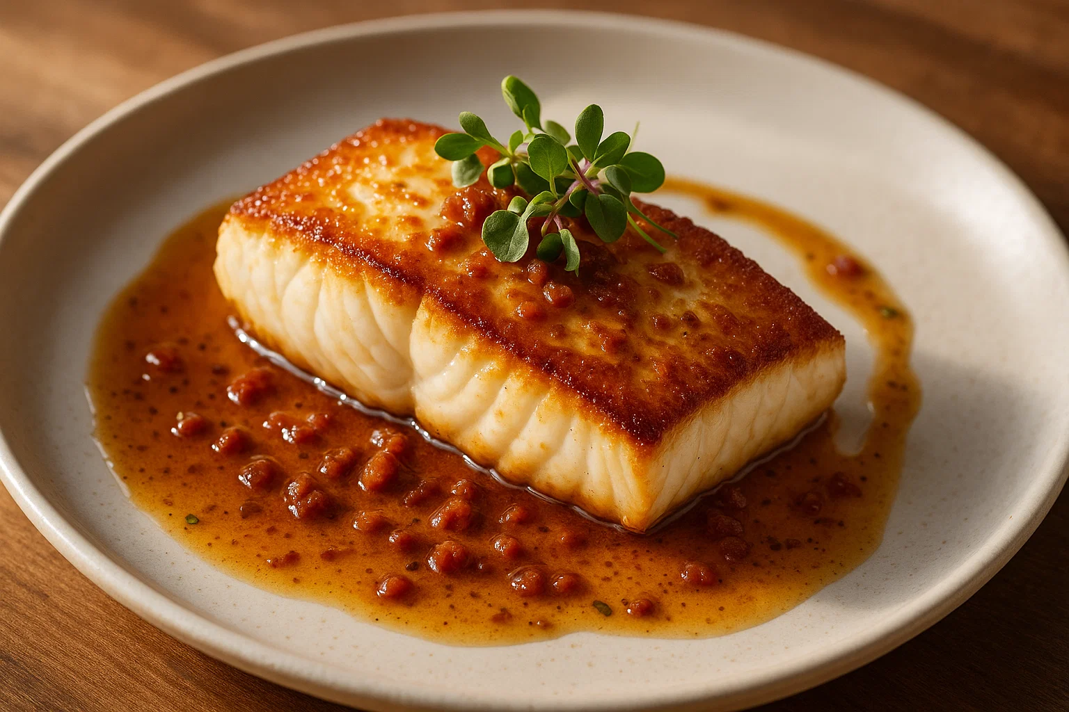 Golden pan roasted halibut topped with Serrano ham butter sauce