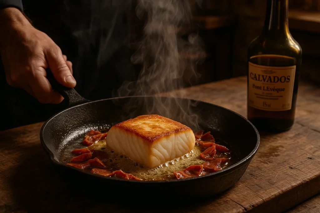 Pan Roasted Halibut with Serrano Ham Butter Sauce 2 Chef searing halibut fillet with butter and Serrano ham