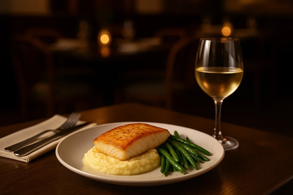 Pan Roasted Halibut with Serrano Ham Butter Sauce 3 Halibut with Serrano ham butter sauce served with green beans and wine