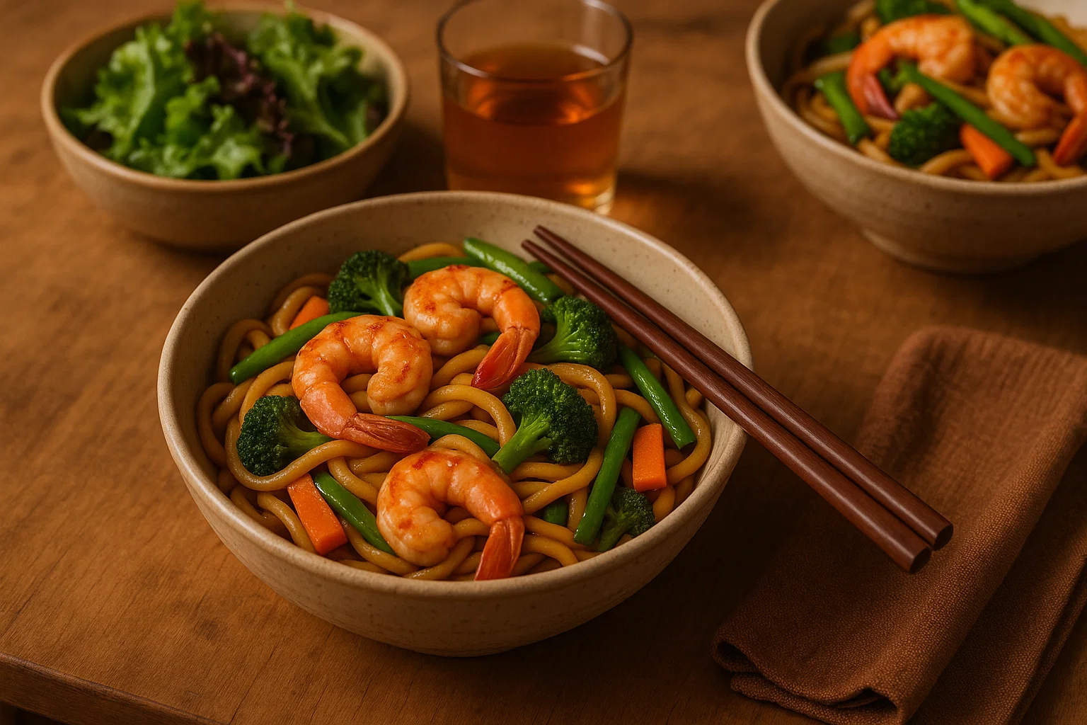 Crispy Udon Noodles with Prawns & Veggie Stir-Fry 1 Bowl of prawn udon on wooden table