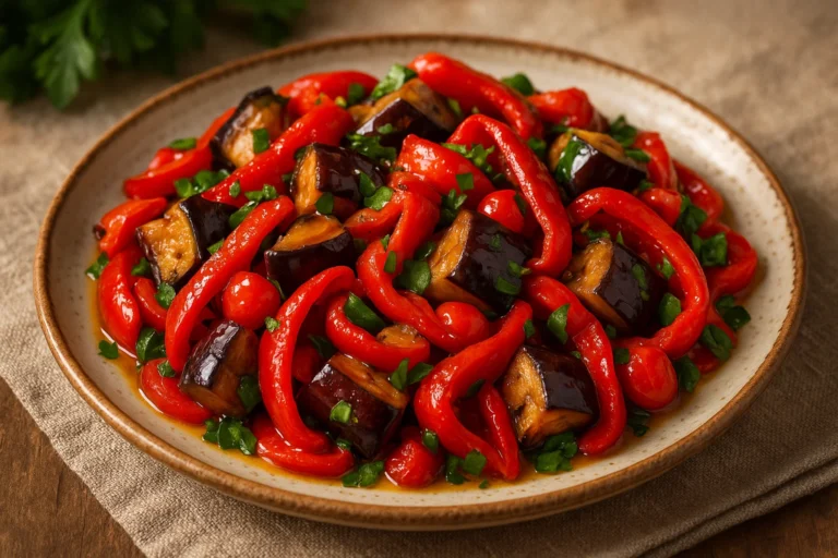 Colorful vegan salad with roasted eggplant and bell peppers