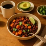 Breakfast bowl with lime, cilantro, and warm light