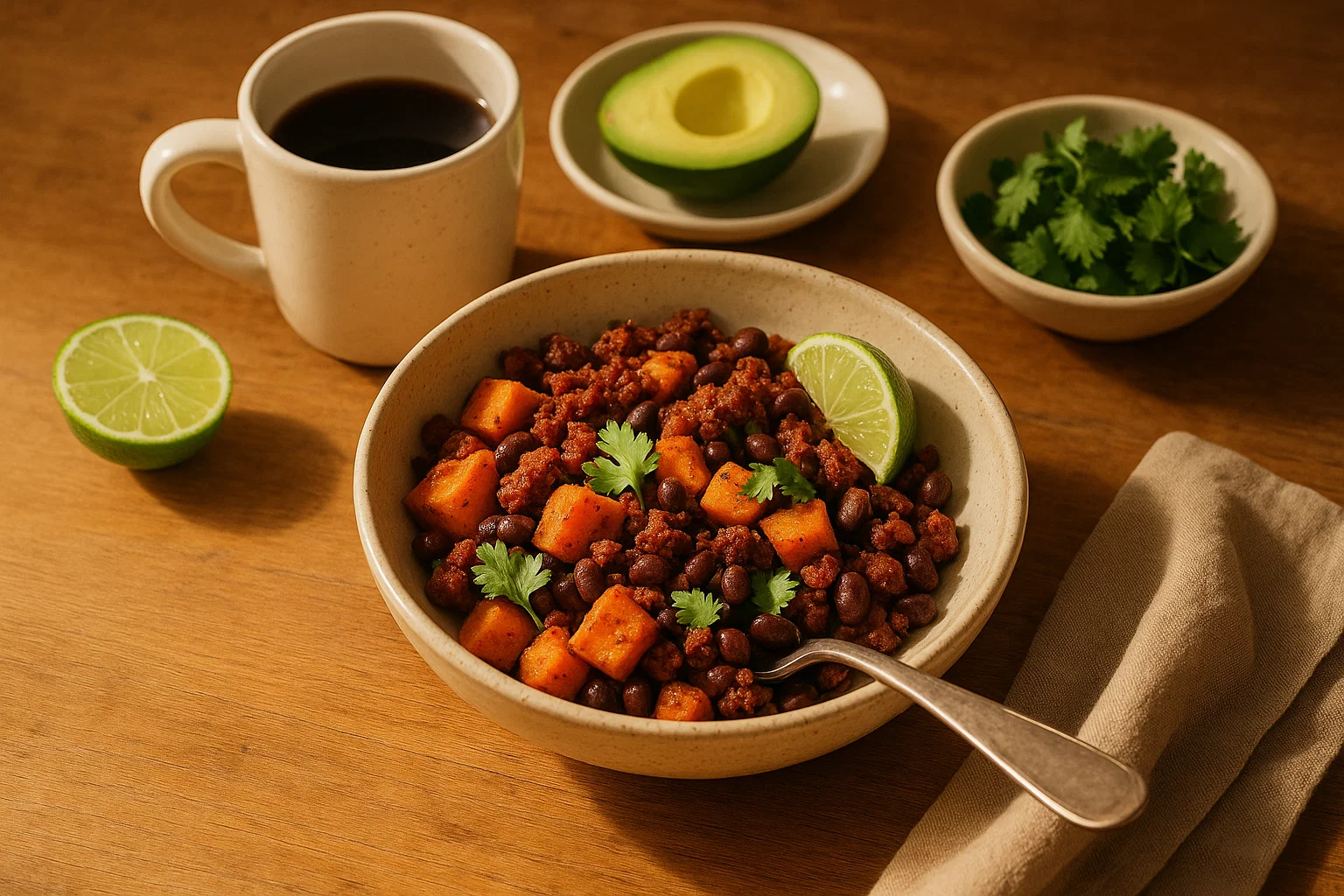 Roasted Sweet Potato & Chorizo Breakfast Bliss 1 Breakfast bowl with lime, cilantro, and warm light