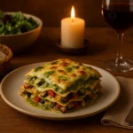 A serving of roasted vegetable lasagna on a rustic table setting
