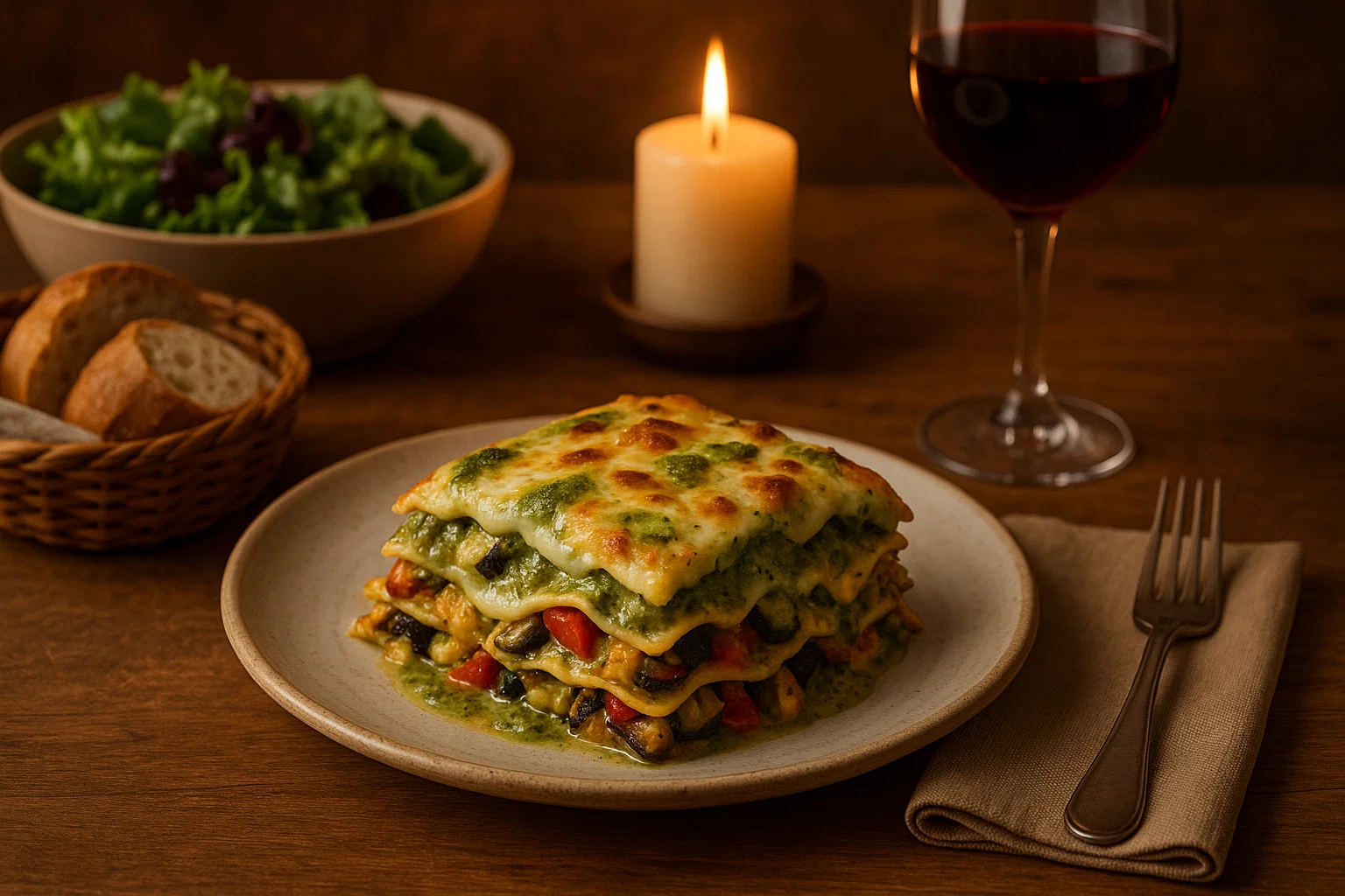 Roasted Veggie Lasagna with Pesto Cream Bliss 1 A serving of roasted vegetable lasagna on a rustic table setting