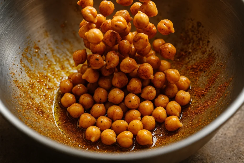 Tossing chickpeas in olive oil and spices for Simple Roasted Chickpea Snack