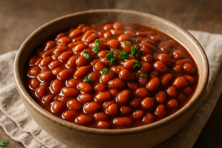 Bowl of smoky BBQ baked beans topped with herbs