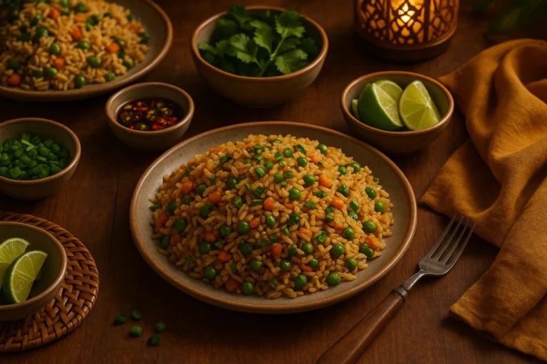 Table setting with Thai fried rice and side condiments