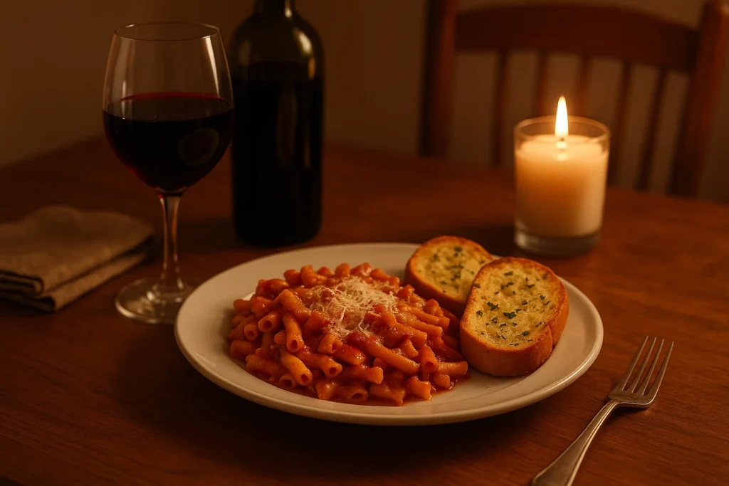 Served plate of baked ziti with garlic bread and wine