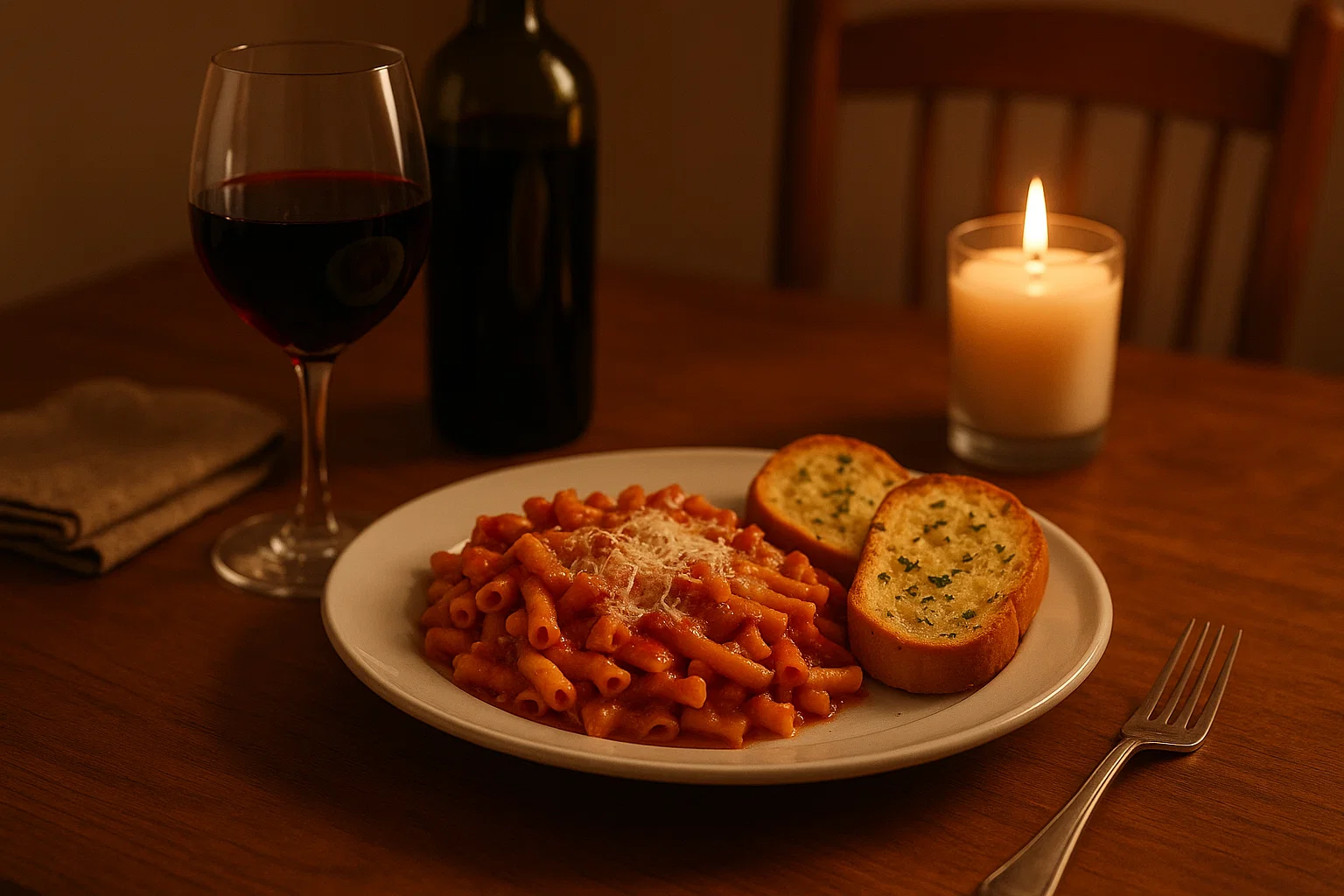 Served plate of baked ziti with garlic bread and wine