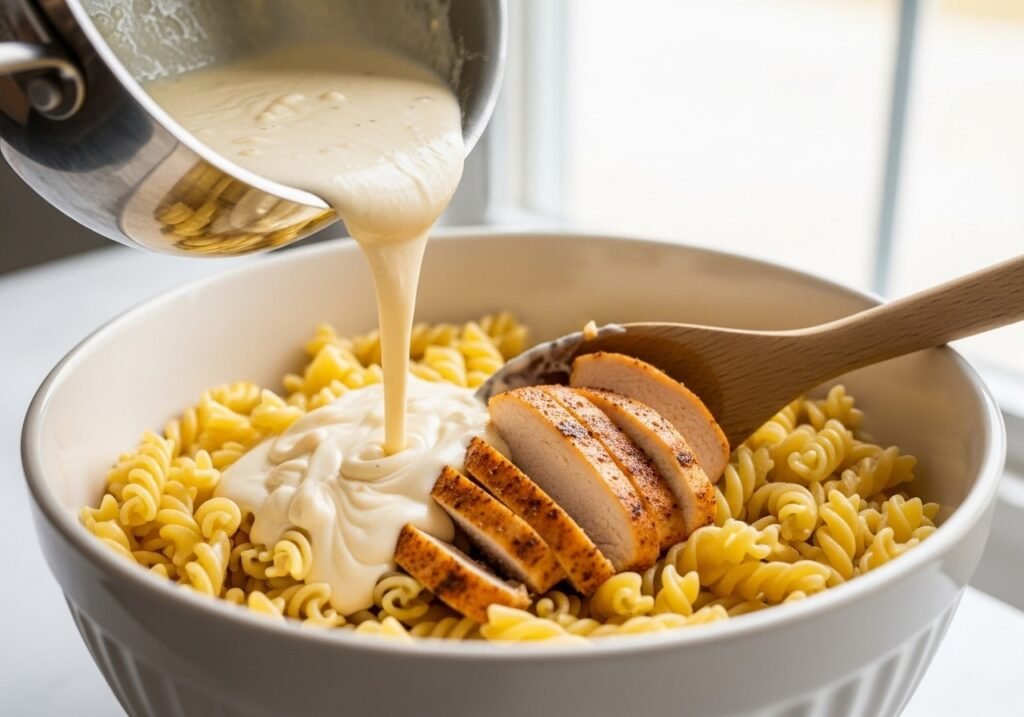 Combine Pasta, Sauce, and Chicken